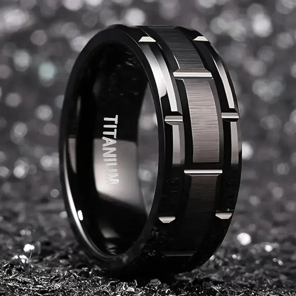 Titanium Matte Black Men's Statement Ring Beveled with Brushed Finished Center